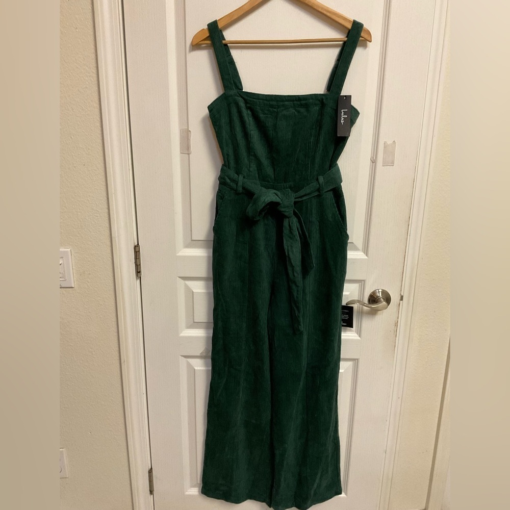 Lulus Green Corduroy Wide-Leg Jumpsuit NWT Women’s Small Belted - Picture 4 of 14